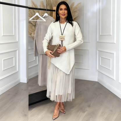 🎅 Weihnachtsverkauf 50% RABATT 🎁Damen Inneres Netz Plissiertes Kleid + Unregelmäßiger Strickpullover Freizeitset